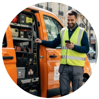 Installateur regardant son téléphone avec camionnette à l’arrière-plan